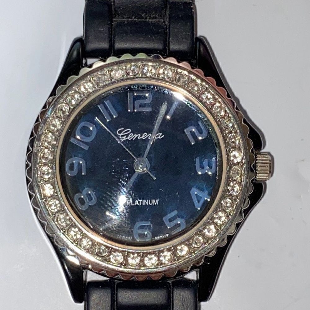 Geneva Women's Black Silicone Band Water Resistant Faux Diamond Quartz Watch OS